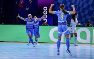 Philippine women's futsal team's Inday Tolentin (left; No. 5) (Photo courtesy of PSC Media)