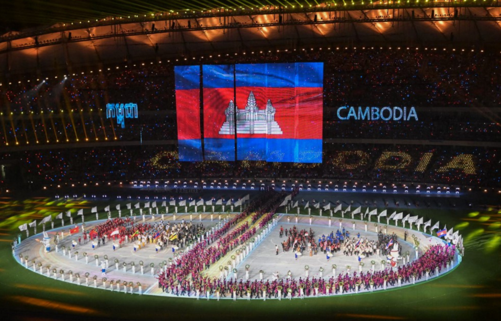 The delegation from the host Cambodia parades during the opening ceremony of the 32nd Southeast Asian Games (SEA Games) at the Morodok Techo National Stadium in Phnom Penh on May 5, 2023. (Photo by MOHD RASFAN / AFP)
